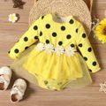 Baby Girl 3D Floral Applique Decor Polka Dots Long-sleeve Mesh Romper Yellow