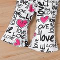 2pcs Baby Girl 100% Cotton Ruffle Trim Bell Sleeve Crop Top and Allover Love Heart & Letter Print Flared Pants Set Color block image 5