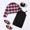 2-piece Toddler Girl Plaid Lapel Collar Coat Jacket and Solid Sleeveless Dress Set Red