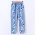 Kid Girl Butterfly Print Straight Ripped Denim Jeans Blue image 2