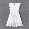 Family Matching 100% Cotton Eyelet Embroidered Flutter-sleeve Dresses and Short-sleeve Gingham Shirts Sets White