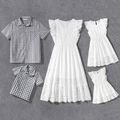 Family Matching 100% Cotton Eyelet Embroidered Flutter-sleeve Dresses and Short-sleeve Gingham Shirts Sets White image 1