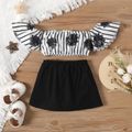 2pcs Baby Girl 100% Cotton Bow Front Skirt and Floral Print Striped Strapless Off Shoulder Short-sleeve Crop Top Set BlackandWhite