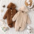 Baby Boy/Girl Button Front Solid Woolen Hooded Long-sleeve Jumpsuit Brown image 2