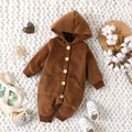 Baby Boy/Girl Button Front Solid Woolen Hooded Long-sleeve Jumpsuit Brown image 1
