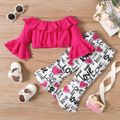 2pcs Baby Girl 100% Cotton Ruffle Trim Bell Sleeve Crop Top and Allover Love Heart & Letter Print Flared Pants Set Color block image 1