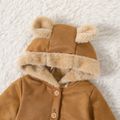 Baby Boy/Girl Thickened Thermal Lined Suede Long-sleeve 3D Ears Hooded Button Front Jumpsuit Brown image 3