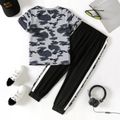 2pcs Kid Boy Camouflage Print Colorblock Short-sleeve Tee and Letter Print Pants Set MiddleAsh