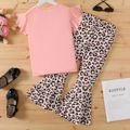 2pcs Kid Girl Heart Embroidered Flutter-sleeve Pink Tee and Leopard Print Flared Pants Set Pink