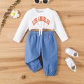 2pcs Baby Girl 95% Cotton Long-sleeve Letter Print Knot Front Crop Top and Solid Pants Set Color block
