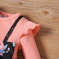 Baby Girl Rib Knit Ruffle Long-sleeve Spliced Floral Print Bow Front Dress Black/Pink image 3