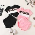 2pcs Baby Girl 95% Cotton Short-sleeve Leopard Colorblock T-shirt and Shorts Set Black