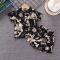 2pcs Toddler Boy 100% Cotton Boho Floral Print Lapel Collar Shirt and Shorts Set Black image 1