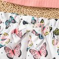 2pcs Baby Girl Butterfly Print Rib Knit One Shoulder Cami Crop Top and Bow Front Shorts Set PinkyWhite