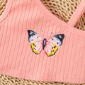 2pcs Baby Girl Butterfly Print Rib Knit One Shoulder Cami Crop Top and Bow Front Shorts Set PinkyWhite