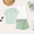 3-Pack Baby Boy 100% Cotton Shorts and Striped Short-sleeve Shirt with Letter Print Tank Top Set Green