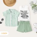 3-Pack Baby Boy 100% Cotton Shorts and Striped Short-sleeve Shirt with Letter Print Tank Top Set Green