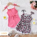 2-Pack Baby Girl Solid Rib Knit and Leopard Print Overalls Shorts Set MultiColour