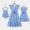 Blue Floral Print Flutter-sleeve Surplice Neck Belted Dress for Mom and Me Blue