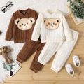 2pcs Baby Boy Bear Embroidered Long-sleeve Textured Pullover and Pants Set White image 2