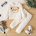 2pcs Baby Boy Bear Embroidered Long-sleeve Textured Pullover and Pants Set White image 1
