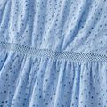Family Matching 100% Cotton Blue Eyelet Embroidered V Neck Flutter-sleeve Dresses and Striped Short-sleeve T-shirts Sets Blue