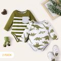 2-Pack Baby Boy 95% Cotton Long-sleeve Striped and Allover Dinosaur Print Rompers Set BLUEWHITE image 1
