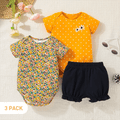 3-Pack Baby Girl 95% Cotton Short-sleeve Floral Print and Polka Dots Rompers with Solid Shorts Set Yellow
