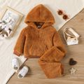 2pcs Baby Boy Solid Long-sleeve Thermal Fuzzy Hoodie and Sweatpants Set YellowBrown image 1