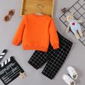 2pcs Baby Boy Cotton Grid Pants and Bow Front Bear Print Long-sleeve Sweatshirt Set Orange