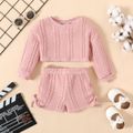 2pcs Baby Girl Solid Cable Knit Long-sleeve Crop Top and Shorts Set Pink