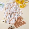 2pcs Kid Girl Floral Print High Low Long-sleeve Tee and Polka dots Leggings Set White
