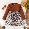 2pcs Toddler Girl Ruffled Ribbed Long-sleeve Brown Tee and Leopard Print Belted Skirt Set Brown