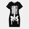 Halloween Glow In The Dark Skeleton Print 95% Cotton Short-sleeve Black Bodycon T-shirt Dress for Mom and Me Black