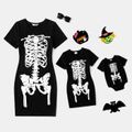 Halloween Glow In The Dark Skeleton Print 95% Cotton Short-sleeve Black Bodycon T-shirt Dress for Mom and Me Black