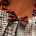 2pcs Toddler Girl Ruffled Short-sleeve Brown Tee and Bowknot Plaid Pleated Skirt Set Brown