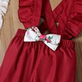 2pcs Toddler Girl Floral Print Long-sleeve and Bowknot Design Ruffled Overalls Set WineRed