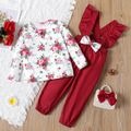 2pcs Toddler Girl Floral Print Long-sleeve and Bowknot Design Ruffled Overalls Set WineRed