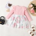Baby Girl Pink Long-sleeve Rib Knit Ruffle Trim Spliced Floral Print Mesh Dress Light Pink image 2