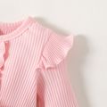 Baby Girl Pink Long-sleeve Rib Knit Ruffle Trim Spliced Floral Print Mesh Dress Light Pink image 3