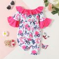 Baby Girl Contrast Color Ruffle Trim Bell Sleeve Spliced Allover Butterfly & Floral Print Jumpsuit Color block image 2