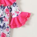 Baby Girl Contrast Color Ruffle Trim Bell Sleeve Spliced Allover Butterfly & Floral Print Jumpsuit Color block image 4