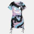 Halloween Tie Dye Graphic Short-sleeve Drawstring Ruched Bodycon Dress for Mom and Me Black/Pink image 2