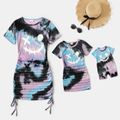 Halloween Tie Dye Graphic Short-sleeve Drawstring Ruched Bodycon Dress for Mom and Me Black/Pink image 1