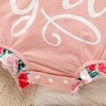 2pcs Baby Girl 95% Cotton Long-sleeve Faux-two Letter & Floral Print Frill Trim Romper with Headband Set Pink