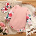 2pcs Baby Girl 95% Cotton Long-sleeve Faux-two Letter & Floral Print Frill Trim Romper with Headband Set Pink