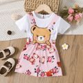 Toddler Girl Faux-two Cute Bear Floral Print Bowknot Design Short-sleeve Rompers White