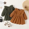 Baby Girl Solid Textured Ruffle Trim Long-sleeve Dress blackishgreen