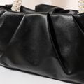Women Faux Pearl Handle Ruched Satchel Bag Black