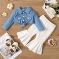 2pcs Baby Girl Button Up Knot Front Long-sleeve Crop Top and Flared Pants Set Color block